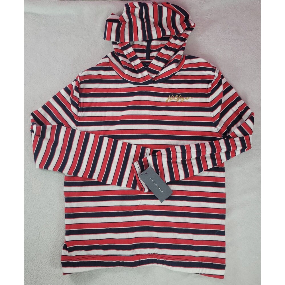 NWT Tommy Hilfiger Girls XL 16 Striped Hoodie Top Navy Red White Gold Logo